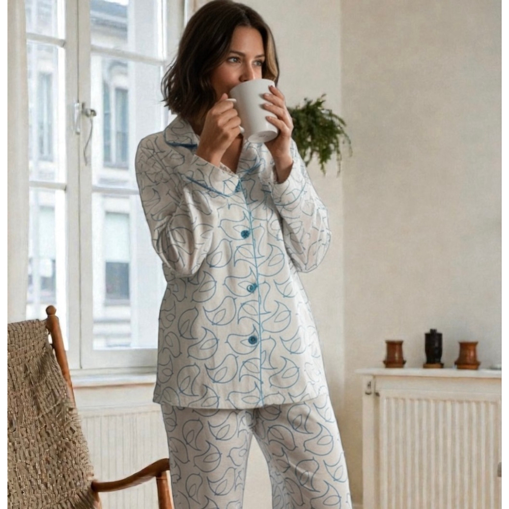 XL Noble Mount White & Blue Bird Print 100 % Cotton Pajama Pants Sleep PJ Set
